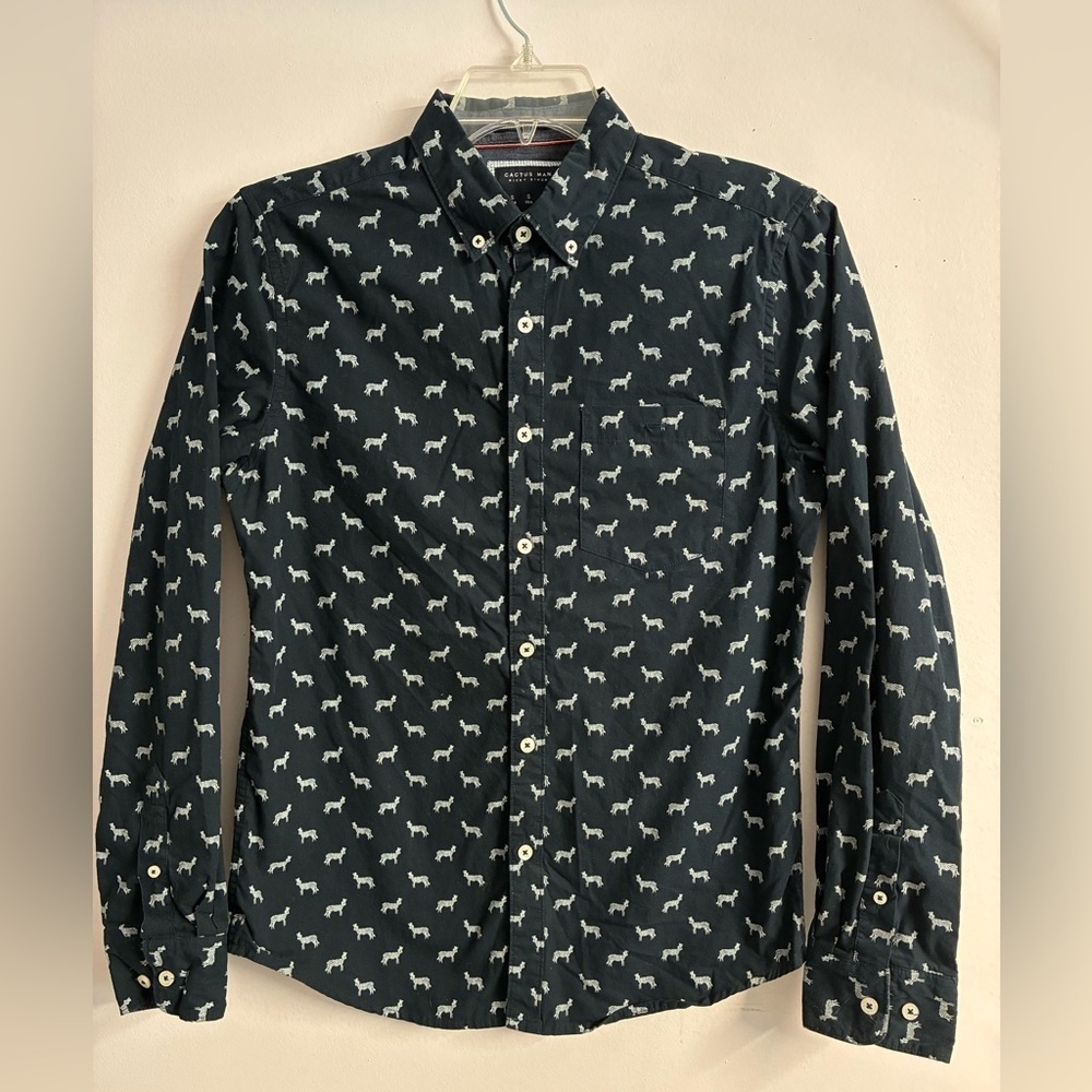 Cactus Man Men’s Button Front Shirt, Zebra Print, Small, Slim Fit, Navy/White
